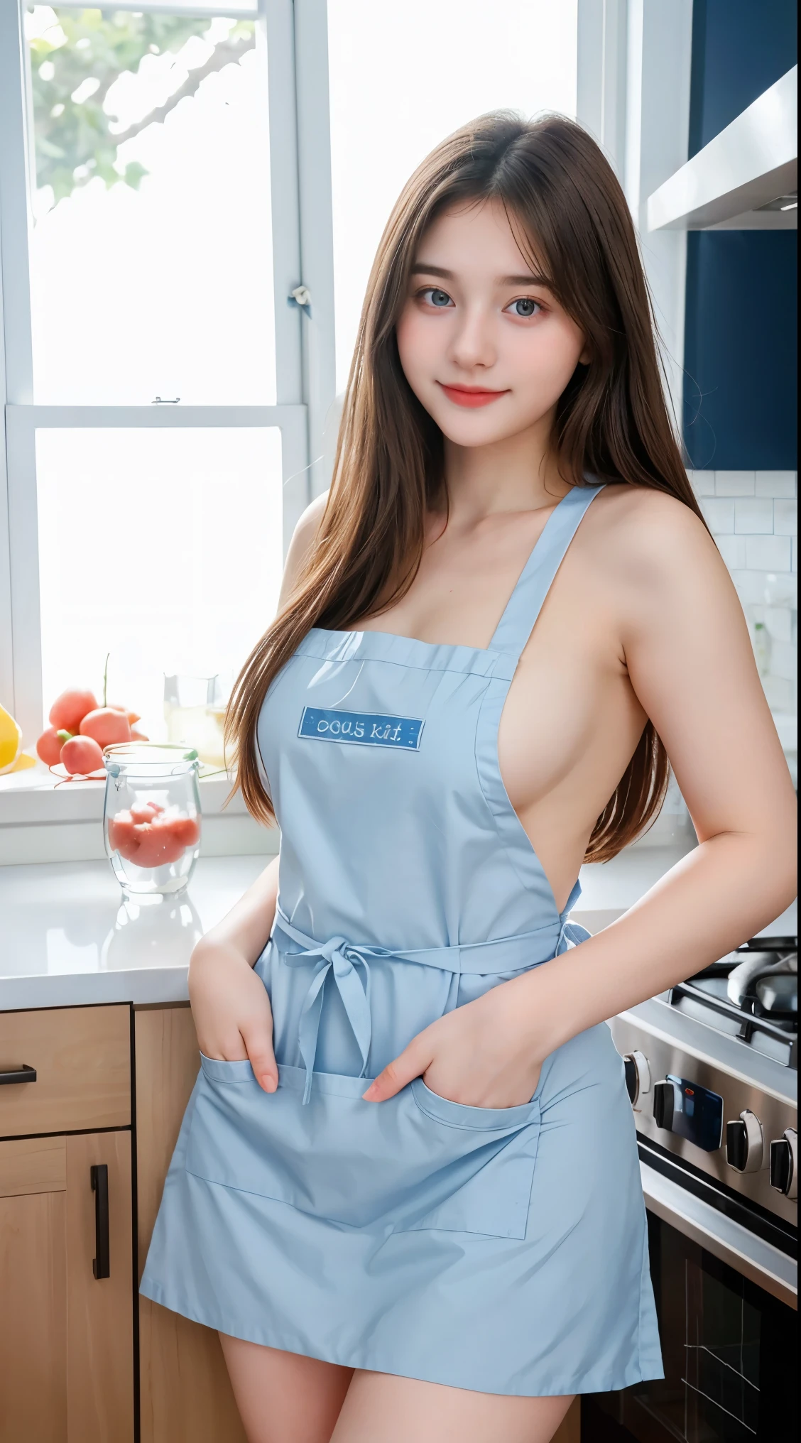 Gorgeus Girl, Beautiful, , 20 Years Old, White Skin, Beside, Sexy Pose, naked apron, Blue Eye, Bokeh, kitchen Background, Masterpiece, Fullbody Shot, cooking