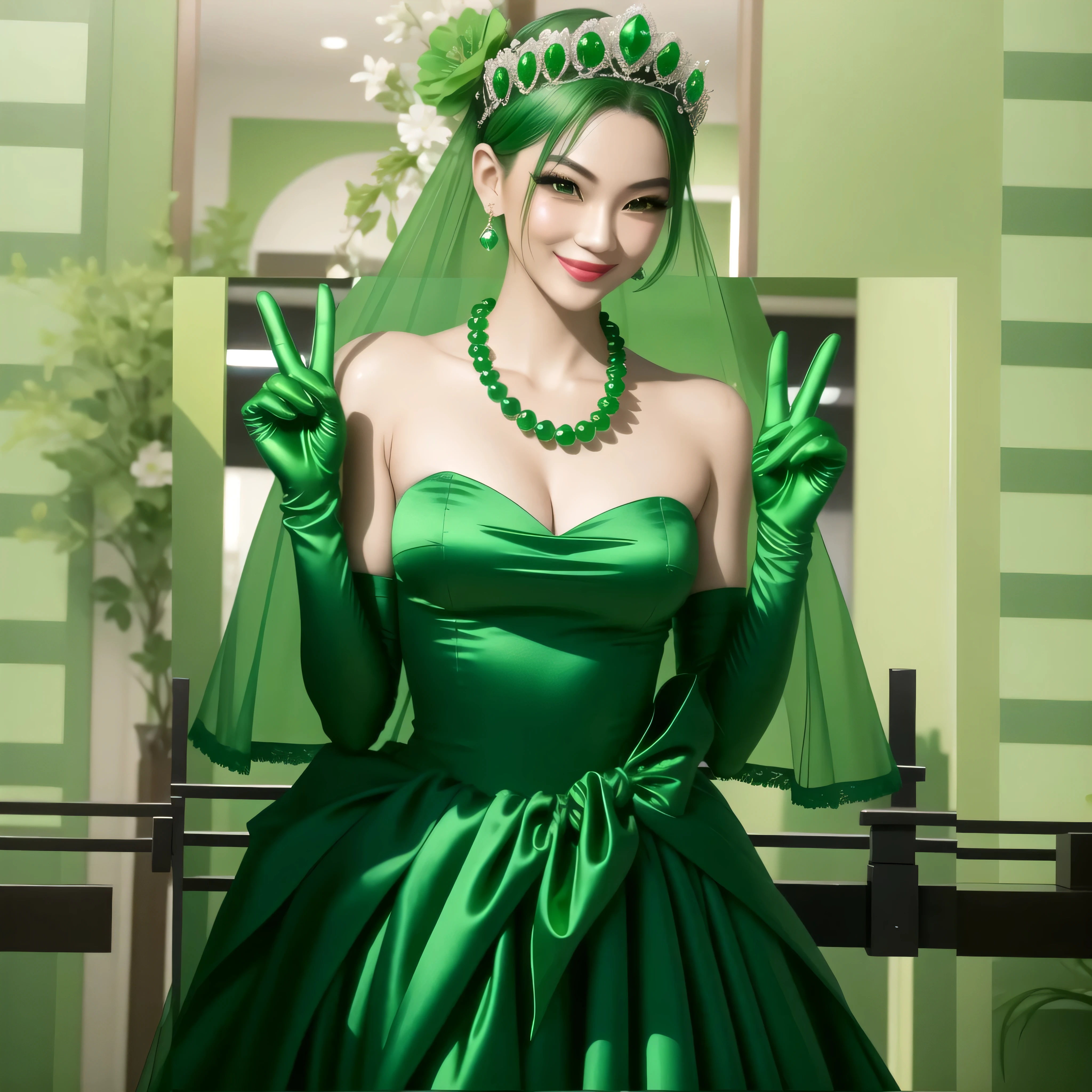 emerald tiara, green pearl necklace, boyish very short green hair, green lips, smiling Japanese woman, very short hair, Beautiful woman with big breasts, green eyes, green satin long gloves, green eyes, emerald earrings, green veil, Heart with both hands, green hair, beautiful japanese woman, heart shaped hands:1.3, green lip gloss