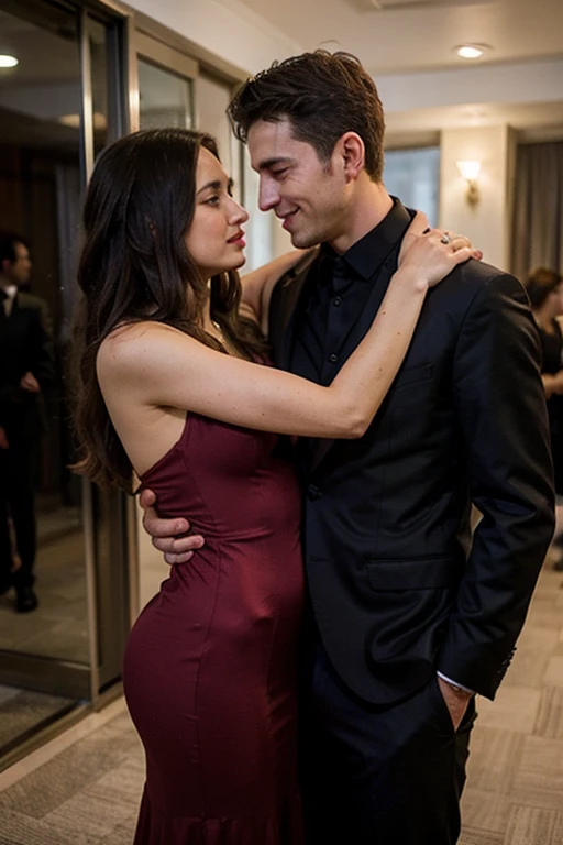 Woman in a red dress hugging a man in a black suit, romantic couple, billionaire romance, beautiful couple