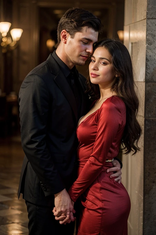 Woman in a red dress hugging a man in a black suit, romantic couple, billionaire romance, beautiful couple