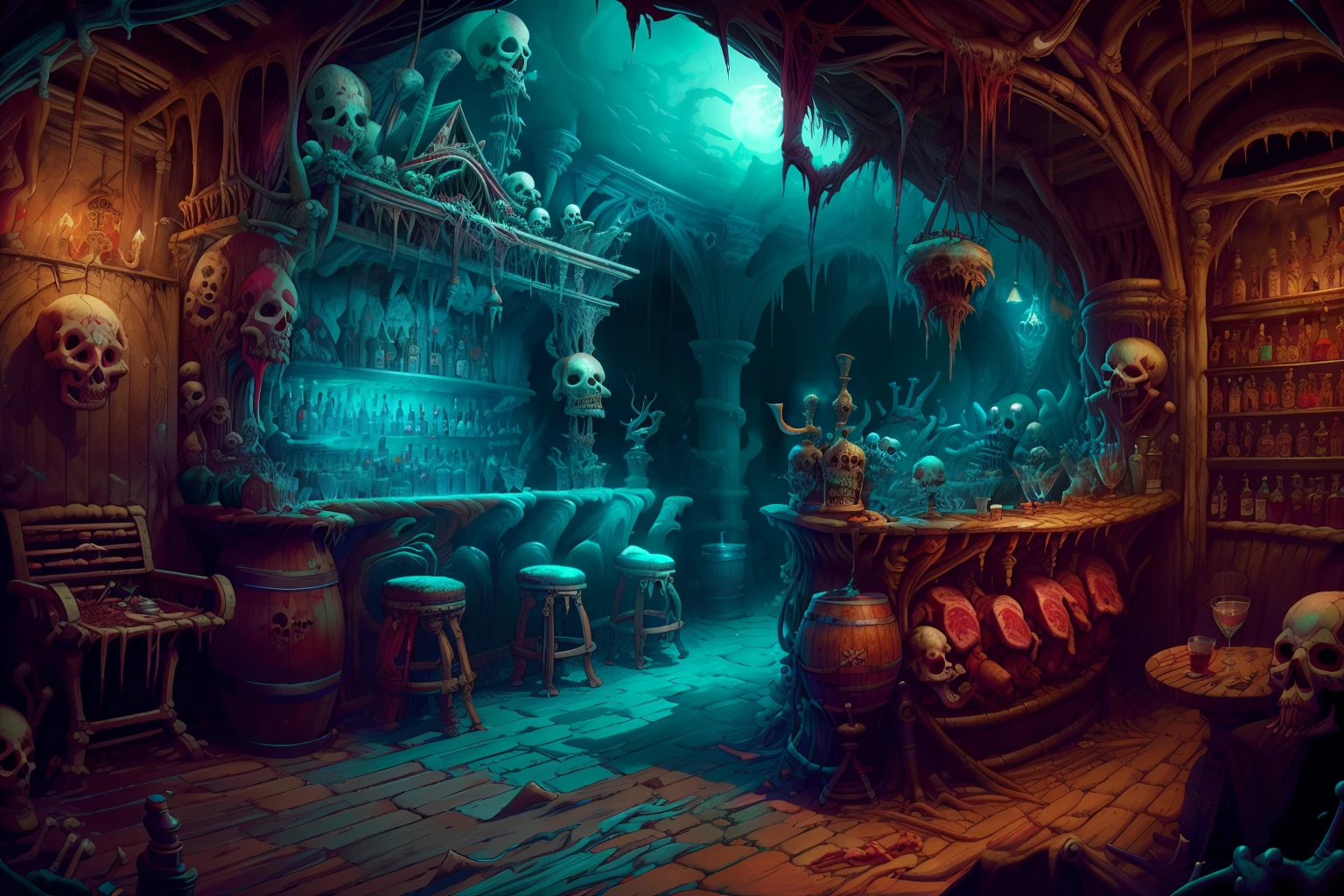 World of Dead, Rotten, Rotten meat, skeletal,goa, Dreamlike Architecture Underworld Bar,Dramatic cliffs,Pedestrian Priority Zone , night,volume lighting, , horror,bar,skeleton,barrel,knife,pirate telescope