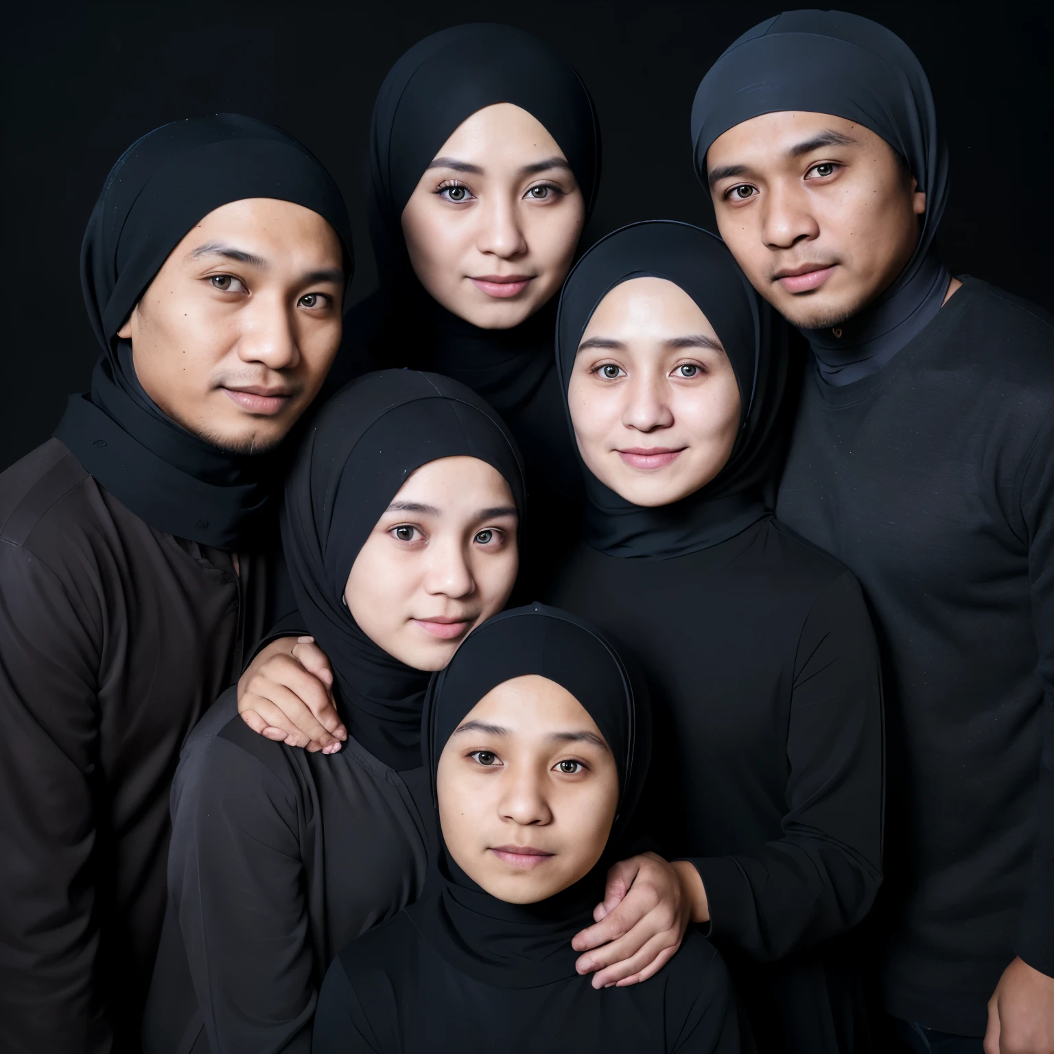 Make a friendly close up photo style, 5 members, one 32 year old Indonesian MAN, wearing a black skullcap + one 28 year old WOMAN wearing a hijab, and a  year old man, an 18 year old woman wearing a hijab, + a boy 9 yethey are wearing black Muslim clothes, standing in front of a pitch black background, hugging each other, comfortable and happy, very detailed. realistic colors, blue lighting, ULTRA HD,