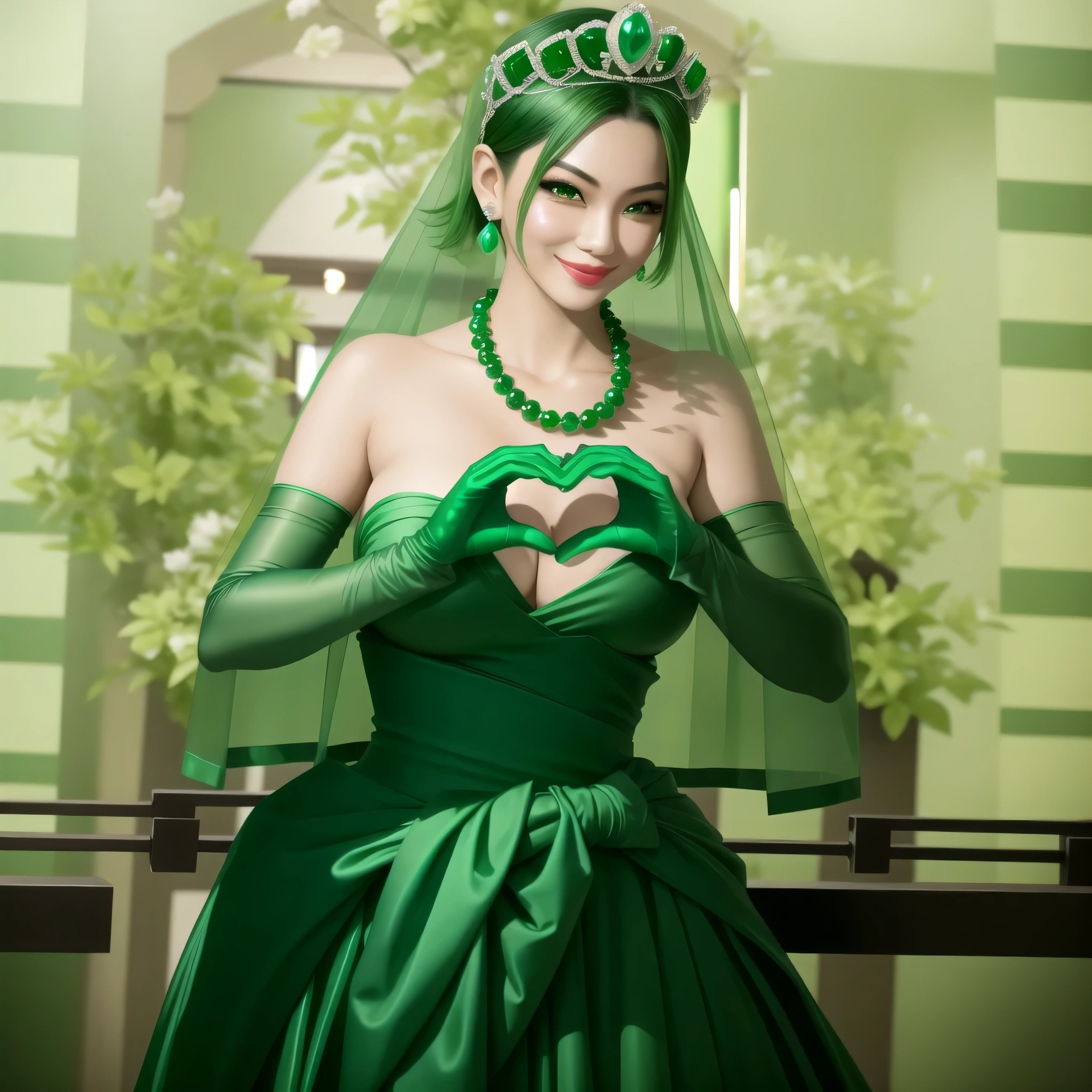 emerald tiara, green pearl necklace, boyish very short green hair, green lips, smiling Japanese woman, very short hair, Beautiful woman with big breasts, green eyes, green satin long gloves, green eyes, emerald earrings, green veil, Heart with both hands, green hair, beautiful japanese woman, heart shaped hands:1.3, green lip gloss