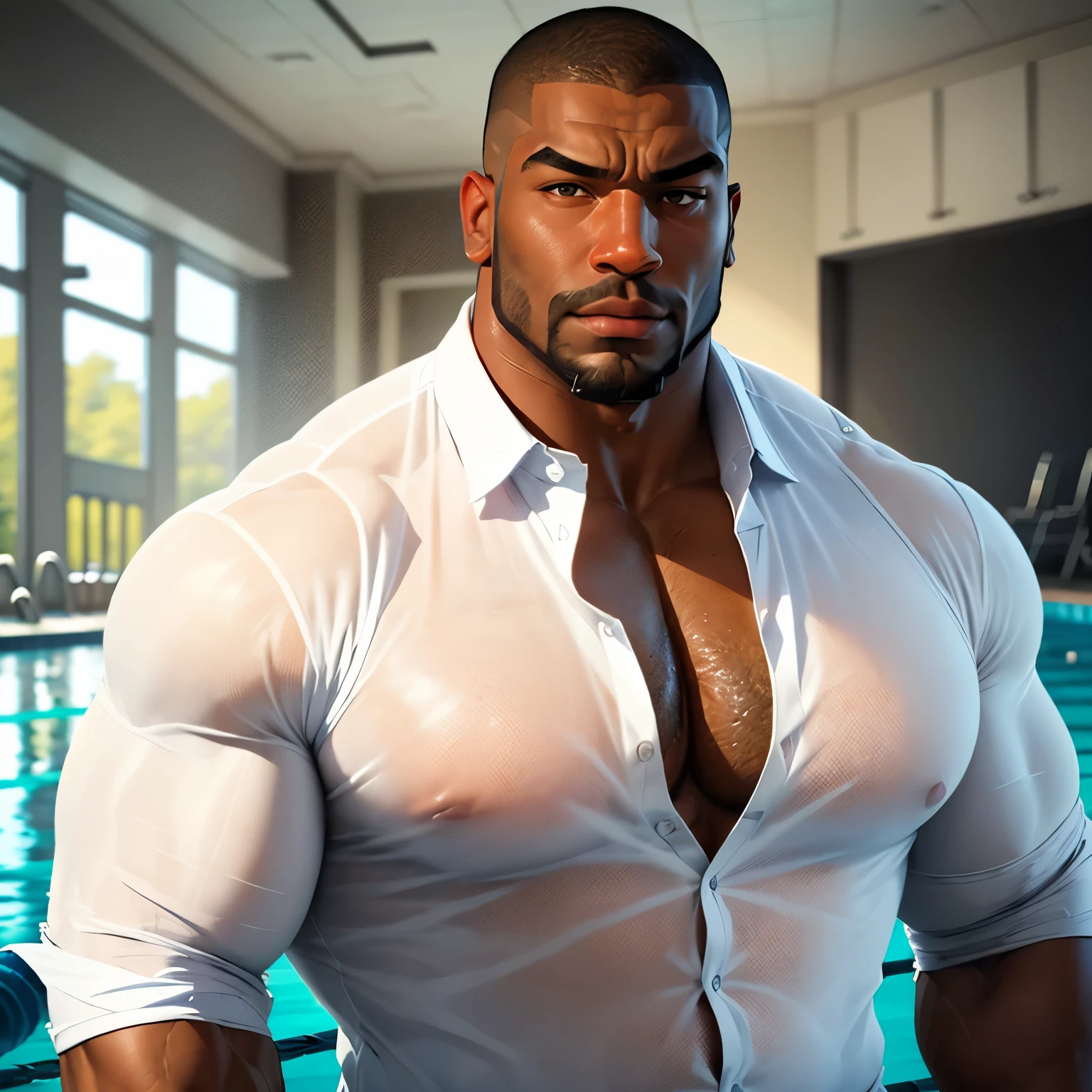 an exaggeratedly muscular and large bodyguard, beefy build, beard, dark-skinned african american male, buzzcut hair with square line, (wearing see-through white unbuttoned shirt: 1.2), school team logo patch on shirt, (bara pecs: 1.3), (arm and chest hair: 1.1), close portrait HD, (indoor pool)
