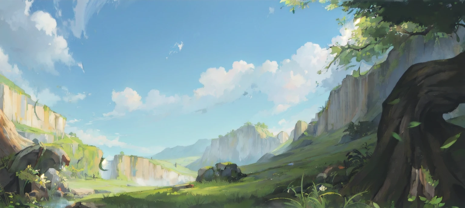 2D Concept Design, nature, landscape, forest, outdoor, Tree, moss, no humans, Grass,  foreground, rock, vague, Backpack, depth of field, sky, signature, Sunlight,
