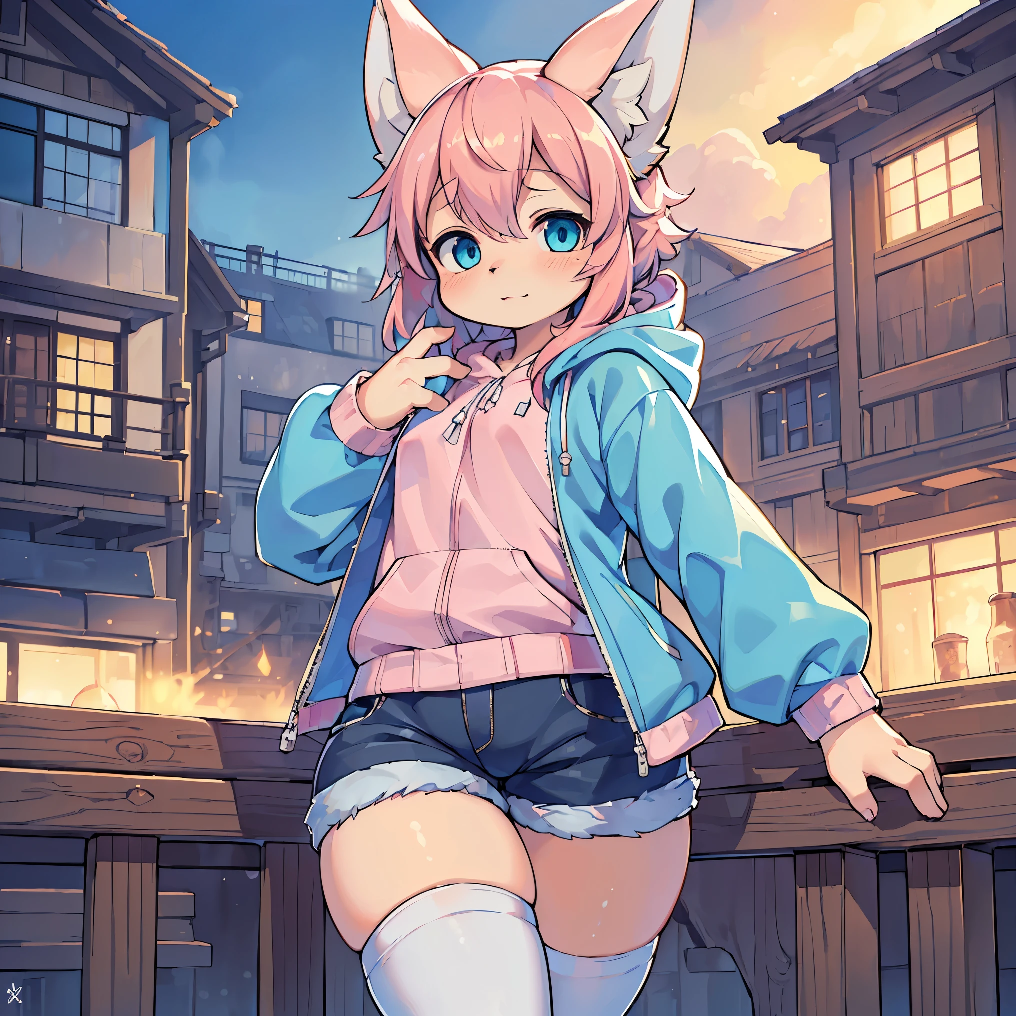 (best quality,4k,8k,highres,masterpiece:1.2),ultra-detailed,(realistic,photorealistic,photo-realistic:1.37),Kawaii, Fluffy Fox, Pink hair, Pink Eye, Blue Eye, heterochromia, Solo, Oversized Hood Jacket, knit sweater, shorts, Pink Striped thigh high Socks, Calf boots, 