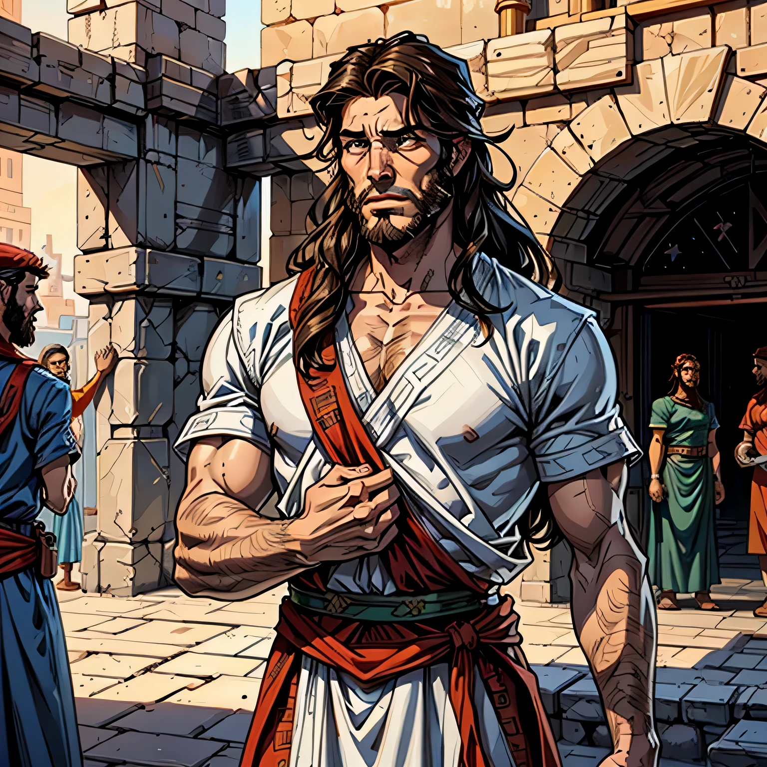 best quality image, man 40 years old, Hebrew prophet, long hair, thick beard, wearing animal skin clothing
Hebrew, with nothing in his hands, thin face, look expressing great sadness, standing in the middle of a courtyard, biblical style, Hebrew