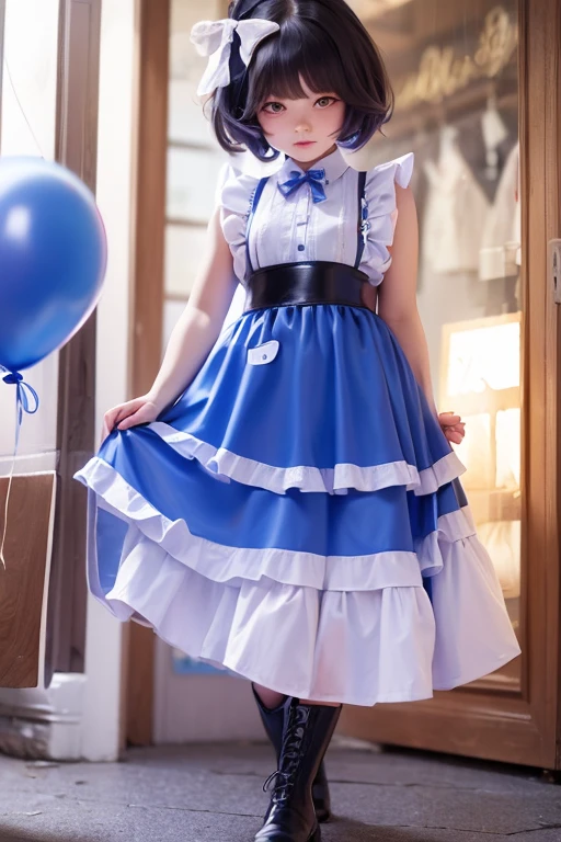 balloon seller girl, a 9 years old girls, (((she is having a blue balloon))) , real photo, (((full body))), (looking down at me),  bob hair, big ribbon on he hair, (apron, leather long skirt, boots), 