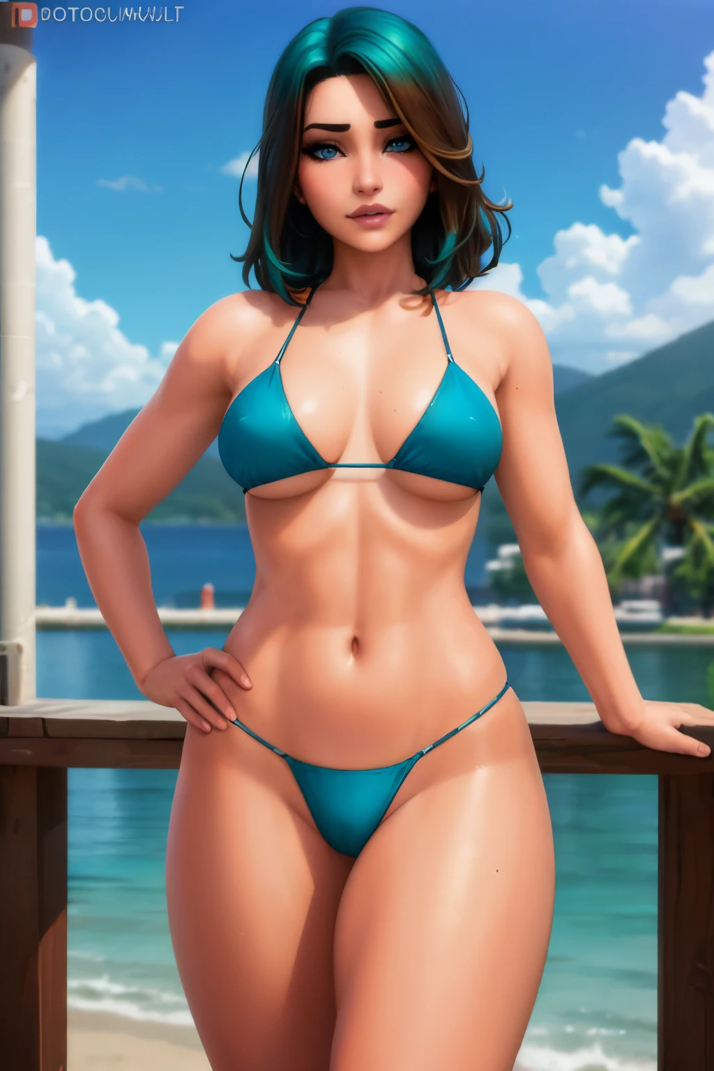 (4k, best quality, masterpiece:1.2), (realistic, photo-realistic:1.37), ultra-detailed, 1 girl,cute, solo, beautiful detailed eyes, voluptuous, brown hair, short hair, blue eyes, teal bikini, teal hair highlights