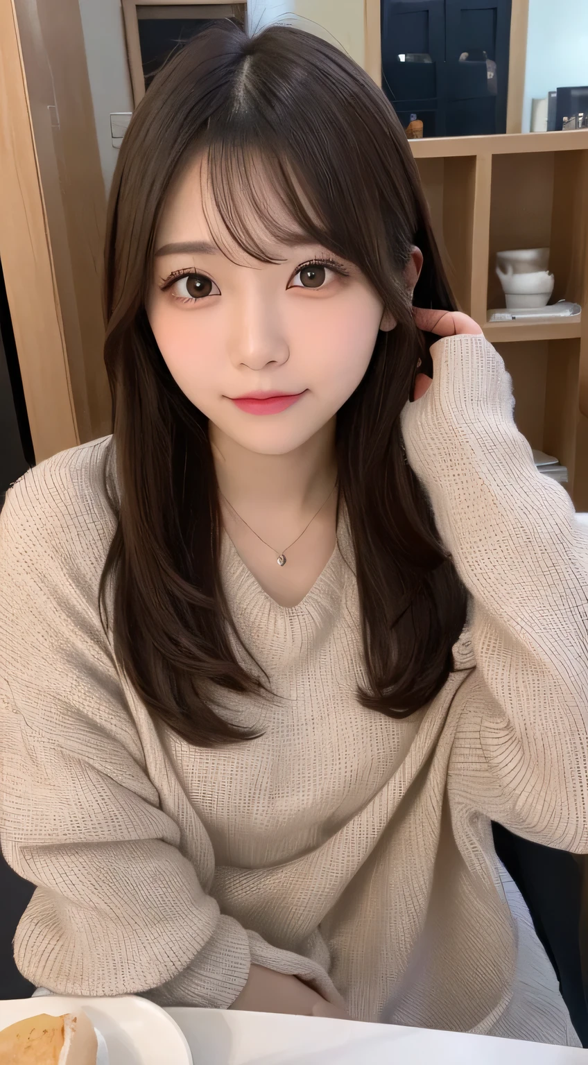 table top, highest quality, figure, Super detailed, finely, High resolution, 8k wallpaper, Perfect dynamic composition figure, detailed and beautiful eyes, Winter clothes,medium hair,,natural color lip, living room at home、20 year old girl、cute、Putting on a sexy face for the camera,A face of ecstasy,blur background,KPOP idol face,cute,Shot from slightly above,Kamimei,anatomically correct body