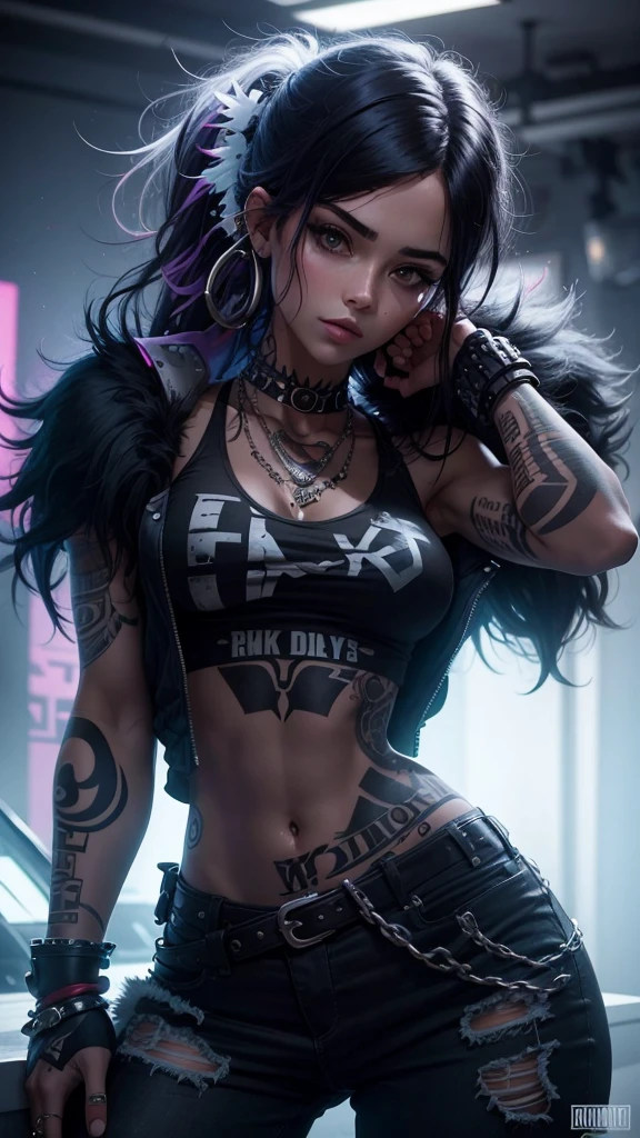Beautiful girl, slim fit body, tank top, tattooed body , black hair , punk style