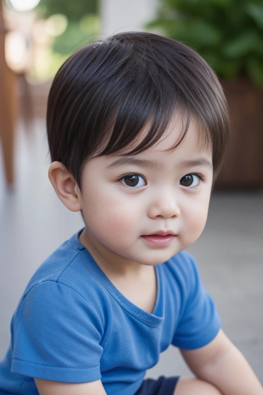 Alafide  in blue shirt, 3 year, full body shot, look at camera, Detailed facial parts, Happy expression, perfect anatomy, Symmetric body, high detail, Asian, actual, human skin, short hair, Lovely, human skin, (Eye contact), Detailed fingers