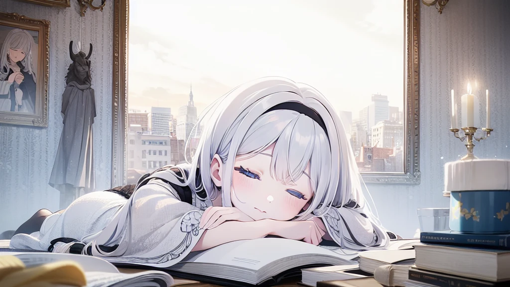 ((masterpiece, best quality))++, Detail lights+, detail hair+, Detail hand+ ,1 girl, long gray hair, dark blue eyes, beautiful eyes, Young gray hair,,(beautiful white hair:1.5),(beautiful eyes), high resolution+, , Glass tones, Reflective eyeanyery detail wallpaper, The original, ,Headband ,,single ponytail,,A girl sleeping at home,Wear a nightgown,closed eyes,Warm colors,the view of the city
