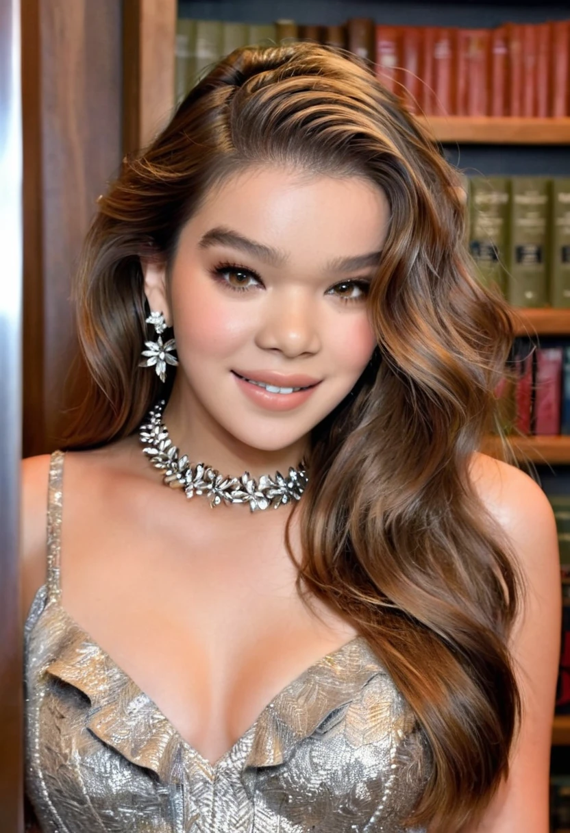 (((beautiful gorgeous Hailee Steinfeld (HaiStei), posing for photos, looking sexy, showing off her smile, ruffled lips, long flowing hair, extremely pretty eyes))), ((wearing floral silver necklace)), realistic photograph, highly detailed, sharp focus, (key lighting), (indoor bookstore setting), masterpiece, extremely gorgeous, flawless beauty, (perfect fit body, wide hips, small waist, thick thighs, firm abs, beautiful body, medium breasts), ((30 years old)), (extremely detailed 8k wallpaper), ((detailed face)), (((wearing white shirt, short tweed skirt, nylons with one seam, strappy sandals)), (long dark eye lashes), (((earrings))), ((())), (((viewed from behind))), (looking at camera), ((())), (glamour model), (flirty and happy facial expression) (((standing in between tall bookshelves filled with books))), extremely detailed, masterpiece, intricate details, highly detailed, sharp focus, detailed skin, realistic skin texture, texture, detailed eyes, high resolution, kodak vision color, foto_\(ultra\), post-processing, maximum detail, roughness, real life, ultra realistic, photorealism, photography, absurdres, RAW photo, highest quality, high detail RAW color photo, professional photo, extremely detailed UHD 8k wallpaper unit, best quality, highres, (masterpiece, top quality, high resolution:1.4), photo, cinematic, film grain, sharp, soft natural light, magic photography, super detailed