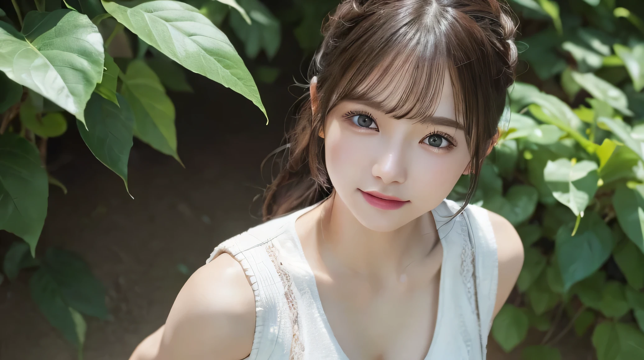 innocent 20 year old girl、((white vest, dramatic pose)),Smile,shortcut,natural Park、original photo, (8K、top quality、Masterpiece:1.2)、(intricate details:1.4)、(Realism:1.4)、Octane number renderings、Complex 3D renderings with ultra-details, Studio soft light, edge light, Vibrant details, Ultra-detailed, Realistic skin texture, Detailed face, beautiful details eyes, Very detailed CG Unity 16k wallpaper, cosmetic, (Detailed background:1.2), shiny skin, whole body、cleavage,((Stand with hands folded behind your back、Leaning forward、perspective from above))