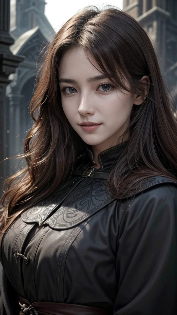 masterpiece quality, high quality, intricate details, beautiful, great quality, dynamic lighting, cinematic lighting, Natural light, Cinematic details, bloodborne, strict, dark, fantasy, horror, Hunter in Georgian clothing from England, portrait, Face-to-face audience, beast hunter, friendly expression, eyes with highlights, Dirty gray and brown leather outfit, Moonlight night, Vibrant skin, beautiful, woman, long wavy hair, 25 years old、 beautiful smile,