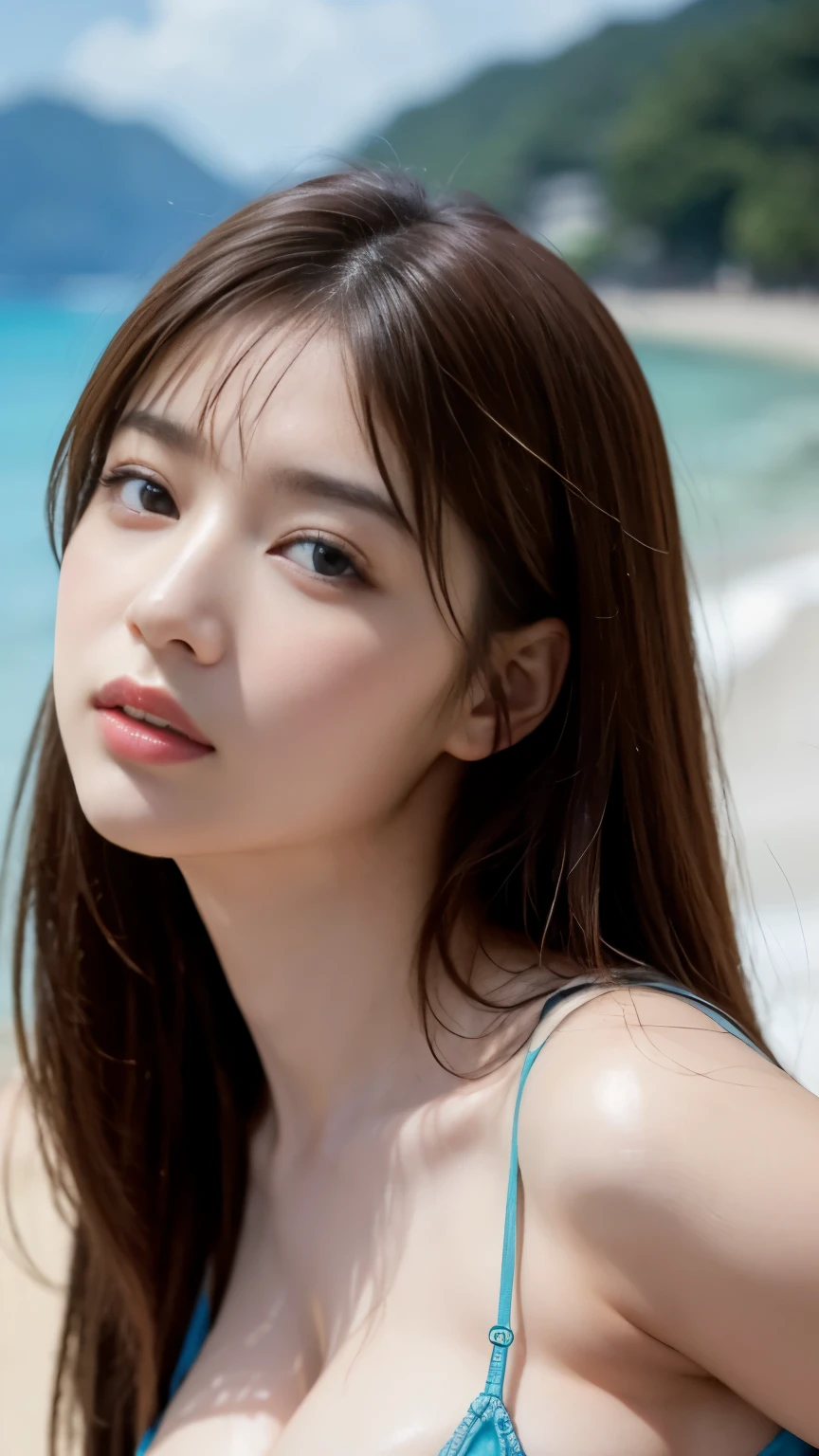 masterpiece、1 beautiful girl、 (reality: 1.4), Japanese、asian beauty、super beautiful、beautiful skin、thin、(Upper body)、(超reality的な)、(High resolution)、(8K)、(very detailed)、(detailed and beautiful eyes)、(Super detailed)、Big eyes、brown eyes、long eyelashes、detailed face、gloss lip,bright lighting、professional lighting、look at the camera、serious expression、look straight ahead、long hair、brown hair、sea landscape、Nogizaka Idol、actress、20-year-old、big breasts、big breasts、wet skin、Blue Latex Suit、cleavage cutout、baby face、Moist and realistic skin texture、moist lips、natural shadow、