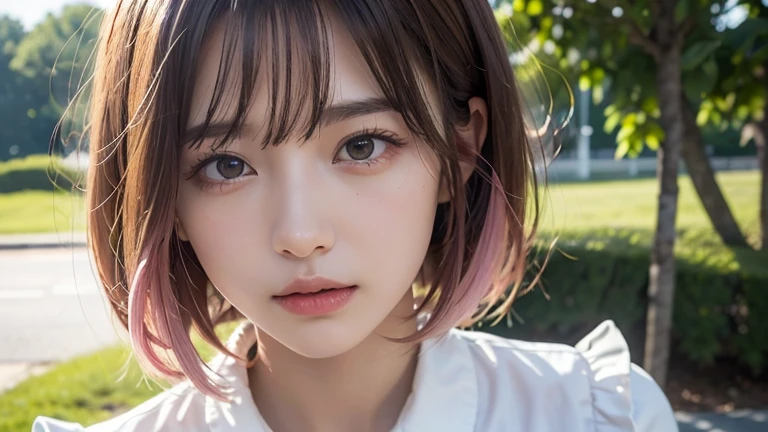 (bob cut hair, pink hair:1.2),(She is wearing a cream-colored long-sleeved blouse with frills on the chest.:1.2),1 girl,Japanese,21 years old,(small breasts:1.3),(highest quality,masterpiece:1.3,超A high resolution,),(Super detailed,caustics),(Photoreal:1.4,RAW shooting,)ultra-realistic capture,very detailed,High resolution 16K human skin close-up。 natural skin texture、,The pores are、、、、、、、、Must be detailed enough to be easily identified。 Skin should look even-toned and healthy。 Use natural light and color, sad expression, look at the camera, perfect dynamic composition, outdoor