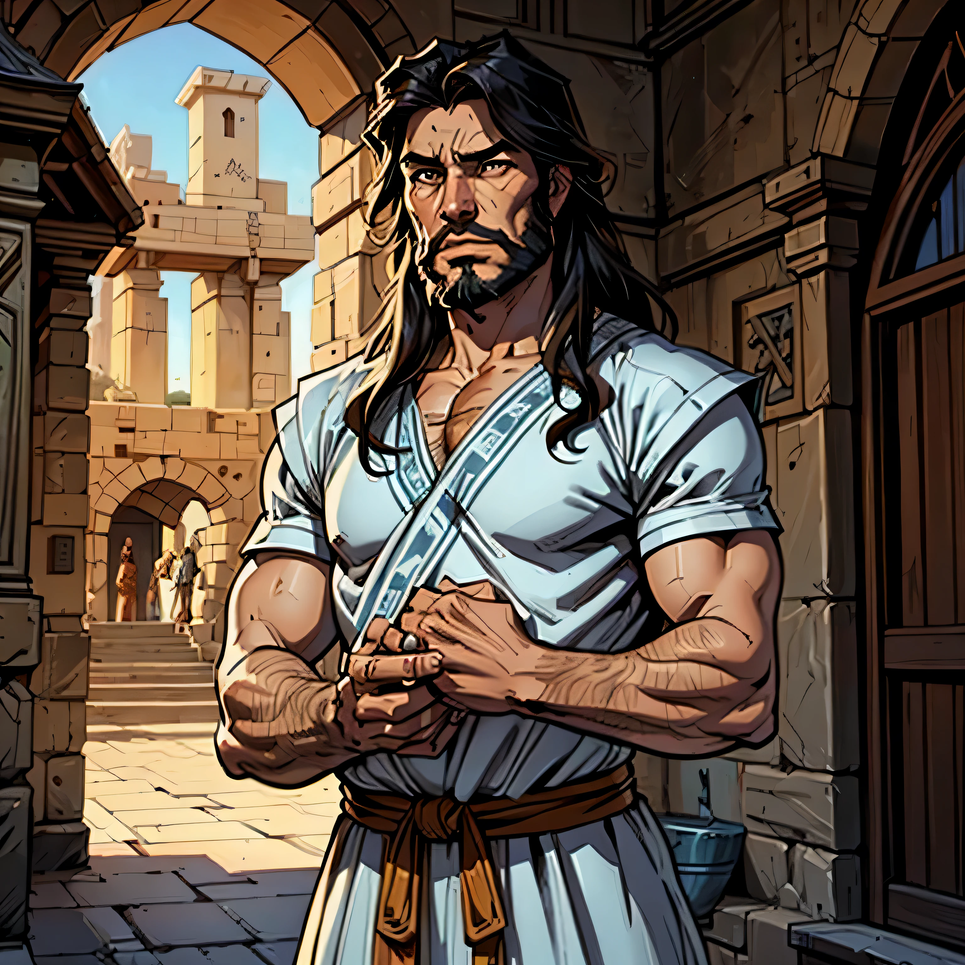 best quality image, man 40 years old, Hebrew prophet, long hair, thick beard, wearing animal skin clothing
  Hebrew, with nothing in his hands, thin face, look expressing great sadness, standing in the middle of a courtyard, biblical style, Hebrew