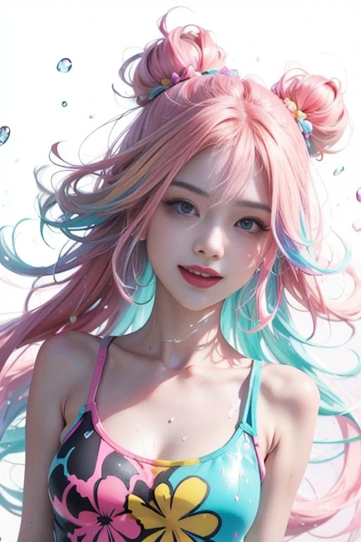 pink hair, sidelocks, hairclip, multicolored eyes, grin, clover hair ornament, ray tracing, anaglyph, anime, perspective, tachi-e, Ultra-Wide Angle, anatomically correct, UHD, best quality, highres, Masterpiece masterpiece, best quality, High resolution), White background, ((Paint splashes, color splash, splash ink, color splash)), sweet chinese girl, rainbow hair, pink lips, front, Upper body