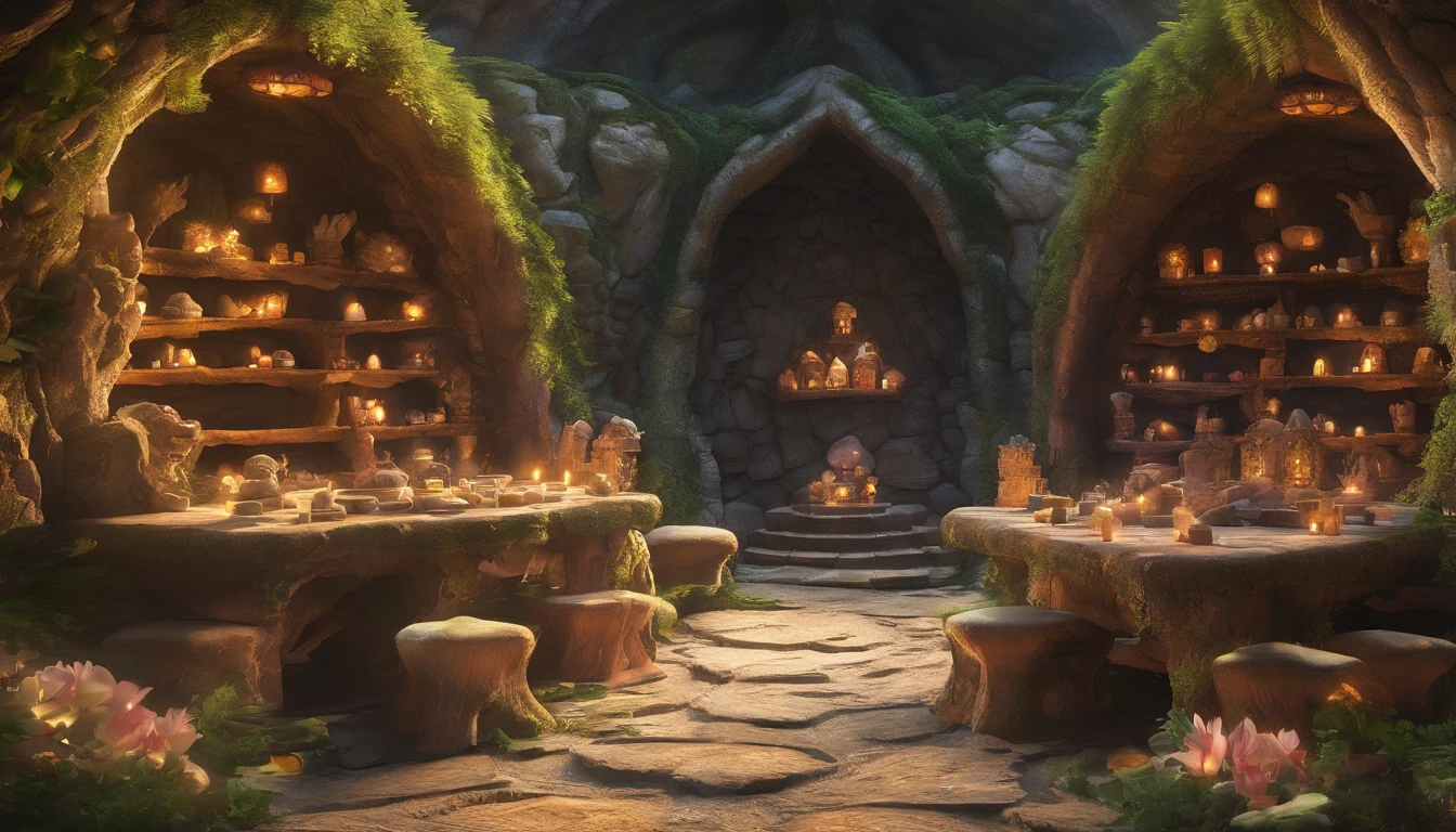 The changing room of the fairy house is a small cavernous space, the cavern walls are smooth and decorated with natural rocks and gems, shining magical crystals hang from the ceiling and give off a faint glow, the changing room has shelves made of natural materials, the shelves are lined with small containers and fragrant plants, round stones carved from rocks and wood are used as chairs and tables The shelves are lined with small containers and fragrant plants, and round stones carved from rocks and wood are used as chairs and platforms, giving the room the warmth of natural materials and a simple, nature-friendly atmosphere, One-person viewpoint, Super Detail, high details, High quality, 8K