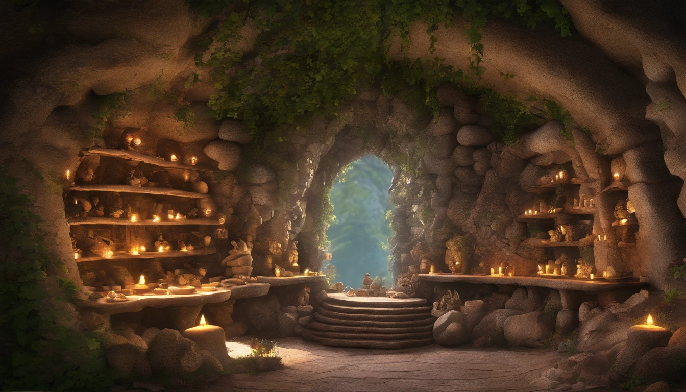 The changing room of the fairy house is a small cavernous space, the cavern walls are smooth and decorated with natural rocks and gems, shining magical crystals hang from the ceiling and give off a faint glow, the changing room has shelves made of natural materials, the shelves are lined with small containers and fragrant plants, round stones carved from rocks and wood are used as chairs and tables The shelves are lined with small containers and fragrant plants, and round stones carved from rocks and wood are used as chairs and platforms, giving the room the warmth of natural materials and a simple, nature-friendly atmosphere, One-person viewpoint, Super Detail, high details, High quality, 8K