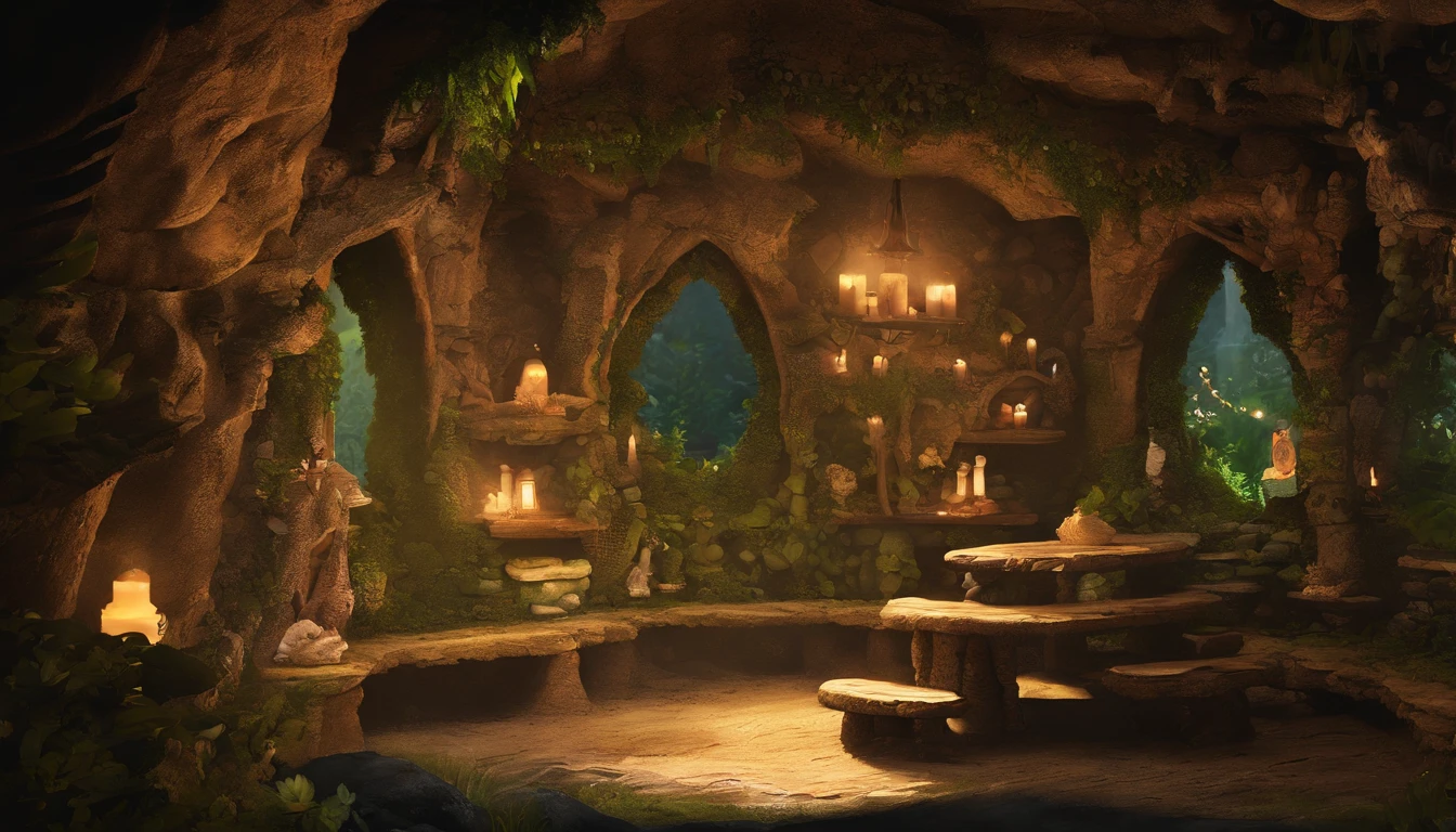 The changing room of the fairy house is a small cavernous space, the cavern walls are smooth and decorated with natural rocks and gems, shining magical crystals hang from the ceiling and give off a faint glow, the changing room has shelves made of natural materials, the shelves are lined with small containers and fragrant plants, round stones carved from rocks and wood are used as chairs and tables The shelves are lined with small containers and fragrant plants, and round stones carved from rocks and wood are used as chairs and platforms, giving the room the warmth of natural materials and a simple, nature-friendly atmosphere,  One-person viewpoint, Super Detail, high details, High quality, 8K