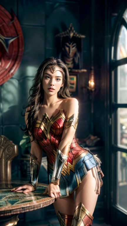 (Eyes with exceptional detail), (((Textile shading))), (((best quality))), (((table top))), (((Highly detailed CG))), sassy girl, (((Wonder Woman))), (small), (หน้าอกsmall), blonde hair, blonde hair, blonde hair, Pin emoji, ((soft hair, Beautiful hair)), pink eyes, (((realistic, high resolution, soft light,1 woman, alone, hips up, Glowing skin, (detailed face), Atlanna from the Aquaman series, Strong Atlantean Atmosphere, Cowboy Shot, Middle of the picture, The picture in the middle, photographer, front view, More intimate