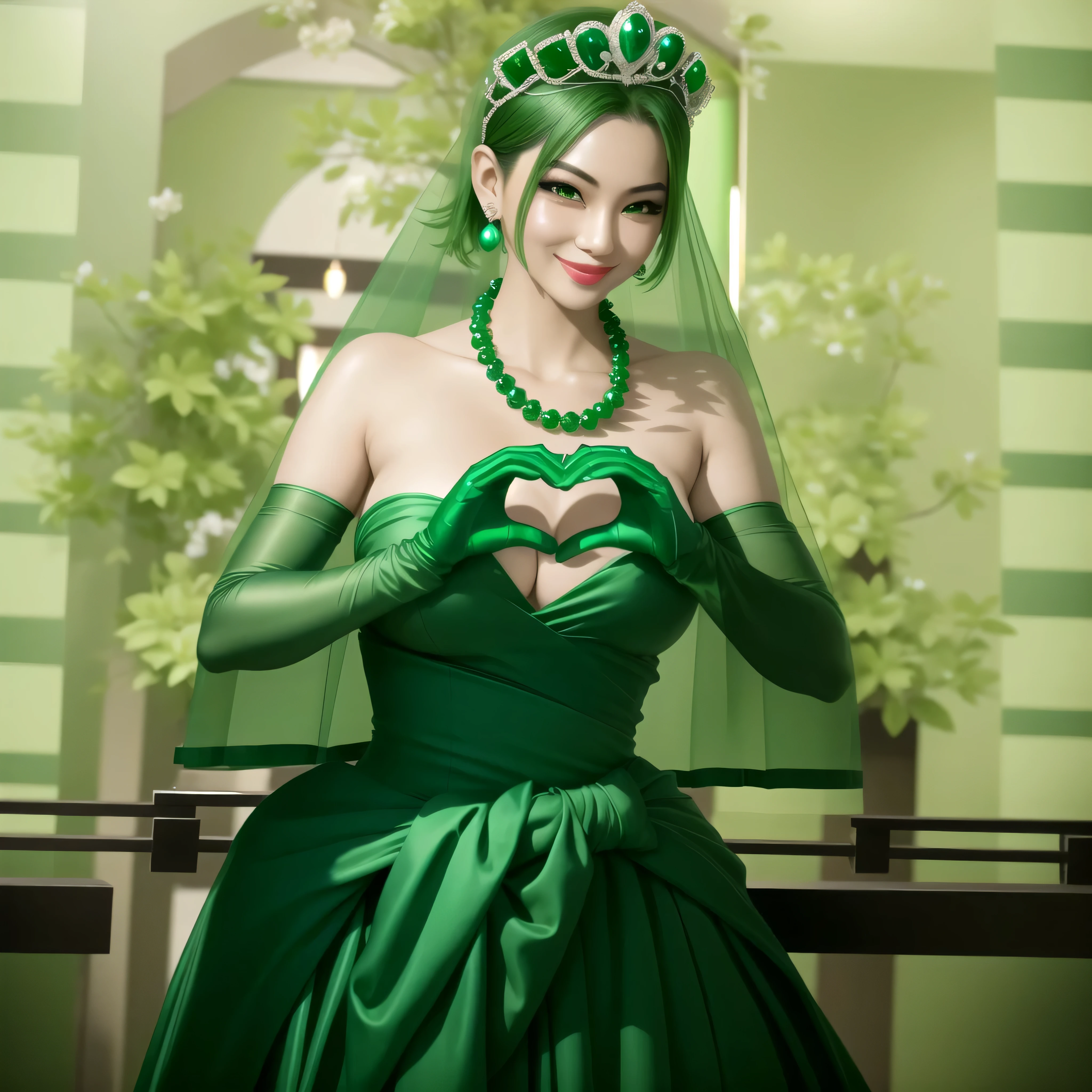 emerald tiara, green pearl necklace, boyish very short green hair, green lips, smiling Japanese woman, very short hair, Beautiful woman with ???????????, green eyes, green satin long gloves, green eyes, emerald earrings, green veil, Heart with both hands, green hair, beautiful japanese woman, heart shaped hands:1.3, green lip gloss