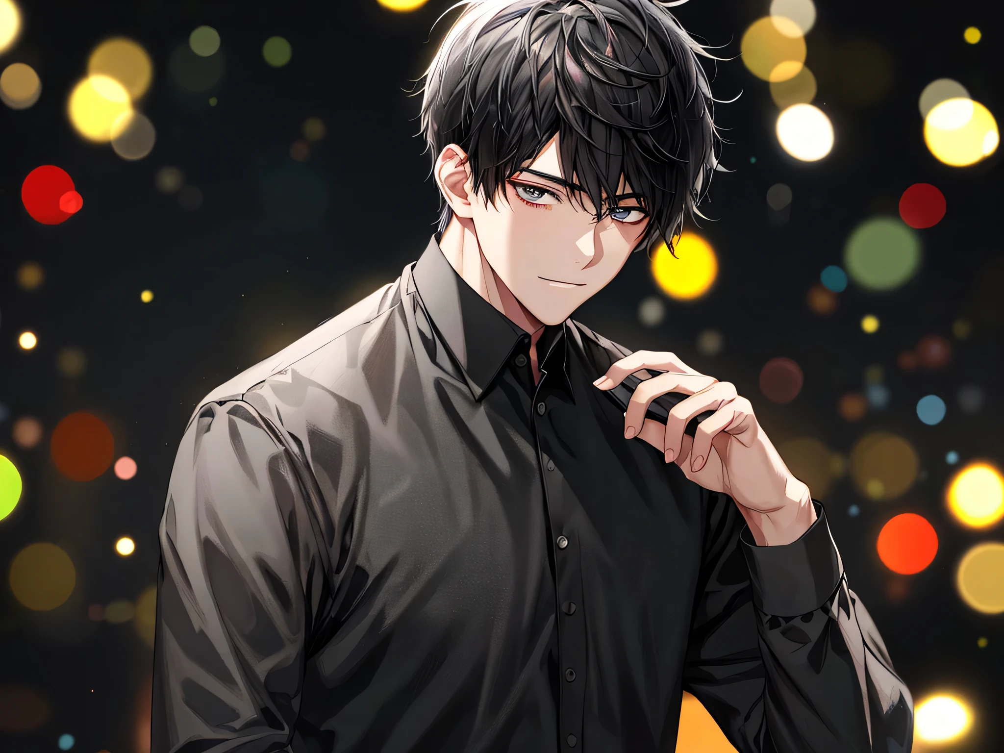 black background,,Depth of the bounds written,background bokeh。dark,1 boy,focus on face,black hair,adult,black shirt,best quality,employee,facial details,Details background,