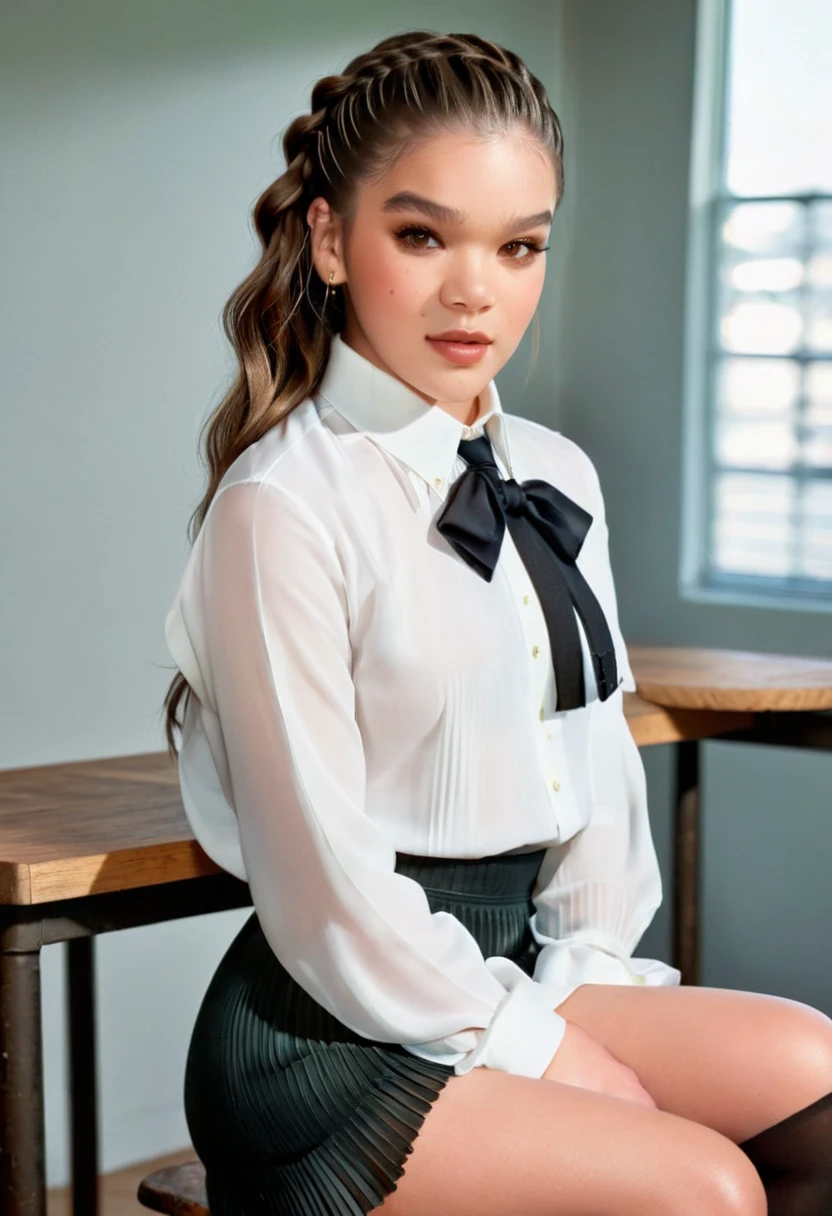 Hailee Steinfeld, (HaiStei), (wearing extremely short pleated skirt, tight white shirt, thigh socks, platform high-heels), slender, athletic woman (in full height:1.25), Beautiful Woman, players perspective, f/2.8, 50mm, Leica, Braids, (Masterpiece, Top Quality, High Resolution:1.4), 30 years old, medium breasts, angel, firm abs, flawless beauty, perfect fit body, skin pore texture, braids, HD 4K, 8K, photo, cinematic, full body, realistic, (8K, RAW photo, Top Quality, Masterpiece:1.2), (realistic, photo-realistic:1.33), best quality, detailed eyes, cute, natural light, depth of field, film grain, wrinkled skin, sharp, detailed and realistic woman, staring at camera, ruffled lips, flirtatious smile, (full body photo:1.3), dynamic scene, action packed, AnalogRedmAF BREAK classroom full of beautiful female high school seniors, (full body), braids, sitting on table, soft natural light, portrait photography, magic photography, dramatic lighting, photorealism, super detailed, intimate portrait composition, elegant white blouse and high-waisted trousers.