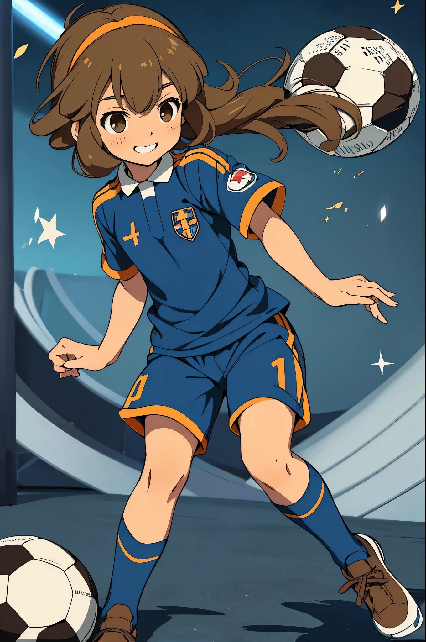 (masterpiece, best quality, ultra detailed, 4k), beautiful lighting, ((1boy, kinako inazuma eleven, female focus, light brown eyes)), blue socks, knee-high socks, anime boy, soccer player, soccer uniform, soccer jersey, soccer shorts)), soccer shoes, cleats, outdoors, anime, bright, anime kid, anime boy, dynamic pose, kicking soccer ball, midair, playing soccer, kid playing soccer, short sleeves, smiling, soccer stadium, anime style