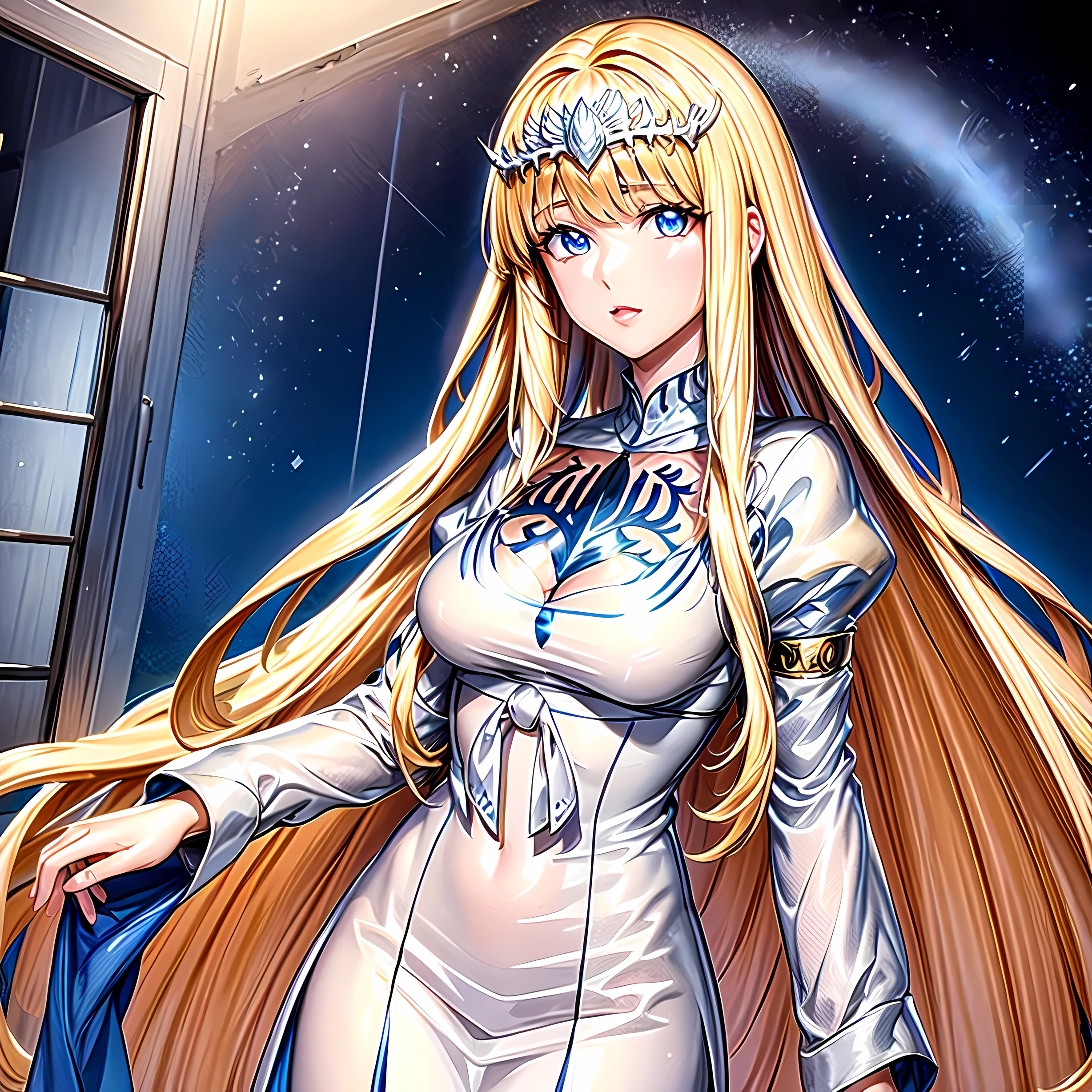 platinum tone、((masterpiece)))、(((top-quality)))、((ultra-detailliert))、(A hyper-realistic)、(highly detailed CGillustration)、light Particle、Official art、Fractal Art、Mystical、sacredness、solemnity、Magnificent、dignity、absolute zero、Diamond Dust、blizzard、permafrost、Full body luminescence、Queen of snow、Cool Beauty、 Woman in her 30s、Slender eyes、sharp gaze、Very beautiful sparkling eyes、sapphire eyes、sophisticated menegance、Gorgeous beauty、Fans、、perfect-composition, 1girl, Calca, blonde hair, extremely long hair, white tiara, tiara on her head, white dress, blue eyes, medium breasts