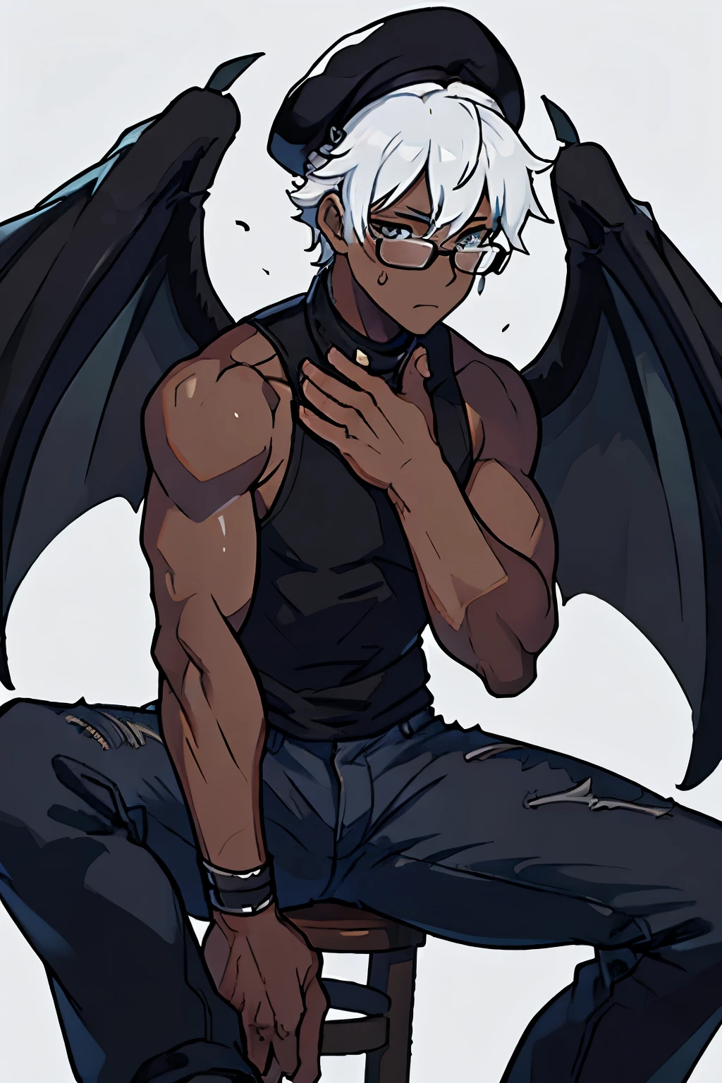 create an image of an 1 half demon male who looks very human and young but with a muscular body, small horns and large black wings, with long white hair that evokes skeletons and has a sadistic smile and a dark background in a very cartoonish anime style but he doesn&#39;t look so evil