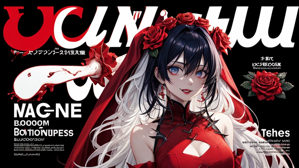 Anime magazine named "BLOOD OR BITE"cover, best quality,anime,portrait,ultra-detailed,realistic,blood red lighting,mysterious black background,vibrant colors,detailed eyes,detailed lips,dark hair,blood or bite text,vampire girl,forbidden beauty,red roses,sharp focus,haunting gaze,ethereal atmosphere,seductive smile,flowing cape,velvet dress,long fangs,night sky,blood drops