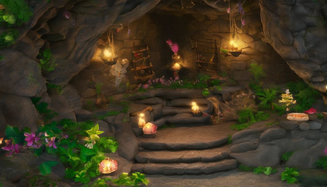 Midnight, the changing room of the fairy house is a small cavernous space, the walls are smooth and decorated with rocks and jewels, shining magical crystals hang from the ceiling and give off a faint glow, the changing room has shelves made of natural materials, the shelves are lined with small containers and fragrant plants, carved from rocks and wood The shelves are lined with small containers and fragrant plants, and round stones carved from rocks and trees are used as chairs and platforms, giving the room the warmth of natural materials and a simple, nature-friendly atmosphere,  One-person viewpoint, Super Detail, high details, High quality, 8K