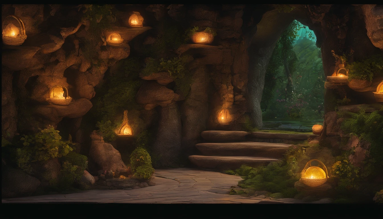 Midnight, the changing room of the fairy house is a small cavernous space, the walls are smooth and decorated with rocks and jewels, shining magical crystals hang from the ceiling and give off a faint glow, the changing room has shelves made of natural materials, the shelves are lined with small containers and fragrant plants, carved from rocks and wood The shelves are lined with small containers and fragrant plants, and round stones carved from rocks and trees are used as chairs and platforms, giving the room the warmth of natural materials and a simple, nature-friendly atmosphere, One-person viewpoint, Super Detail, high details, High quality, 8K
