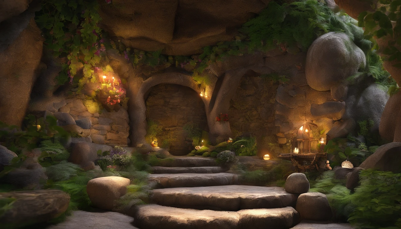 Midnight, the changing room of the fairy house is a small cavernous space, the walls are smooth and decorated with rocks and jewels, shining magical crystals hang from the ceiling and give off a faint glow, the changing room has shelves made of natural materials, the shelves are lined with small containers and fragrant plants, carved from rocks and wood The shelves are lined with small containers and fragrant plants, and round stones carved from rocks and trees are used as chairs and platforms, giving the room the warmth of natural materials and a simple, nature-friendly atmosphere,  One-person viewpoint, Super Detail, high details, High quality, 8K