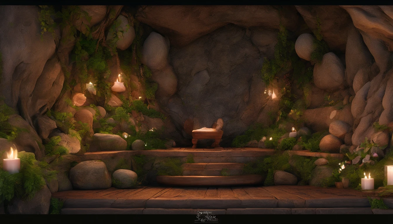 Midnight, the changing room of the fairy house is a small cavernous space, the walls are smooth and decorated with rocks and jewels, shining magical crystals hang from the ceiling and give off a faint glow, the changing room has shelves made of natural materials, the shelves are lined with small containers and fragrant plants, carved from rocks and wood The shelves are lined with small containers and fragrant plants, and round stones carved from rocks and trees are used as chairs and platforms, giving the room the warmth of natural materials and a simple, nature-friendly atmosphere,  One-person viewpoint, Super Detail, high details, High quality, 8K