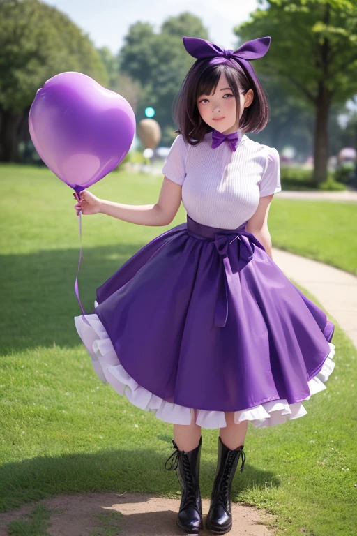 balloon seller girl, a  girls, (((she is having a  purple balloon))) , real photo, (((full body))), (looking down at me),  bob hair, big ribbon on he hair, (apron, leather long skirt, boots), 