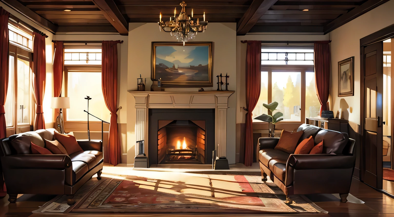 “Imagine you are in a cozy room with a fireplace made of light-colored bricks. The fireplace has a wooden mantel on top, adorned with several small items including a small house model and framed pictures. Above the fireplace, there is a white wooden panel with an ornament hanging. To the right of the fireplace stands a red telescope on an adjustable tripod stand. A window with red curtains is visible behind the telescope, letting in natural light that illuminates part of the room. There’s an ornate rug hanging beside the window adding color and texture to the room’s decor. The floor appears to be made of polished wood, complementing the warm tones in this cozy setting. Write a story set in this room.”