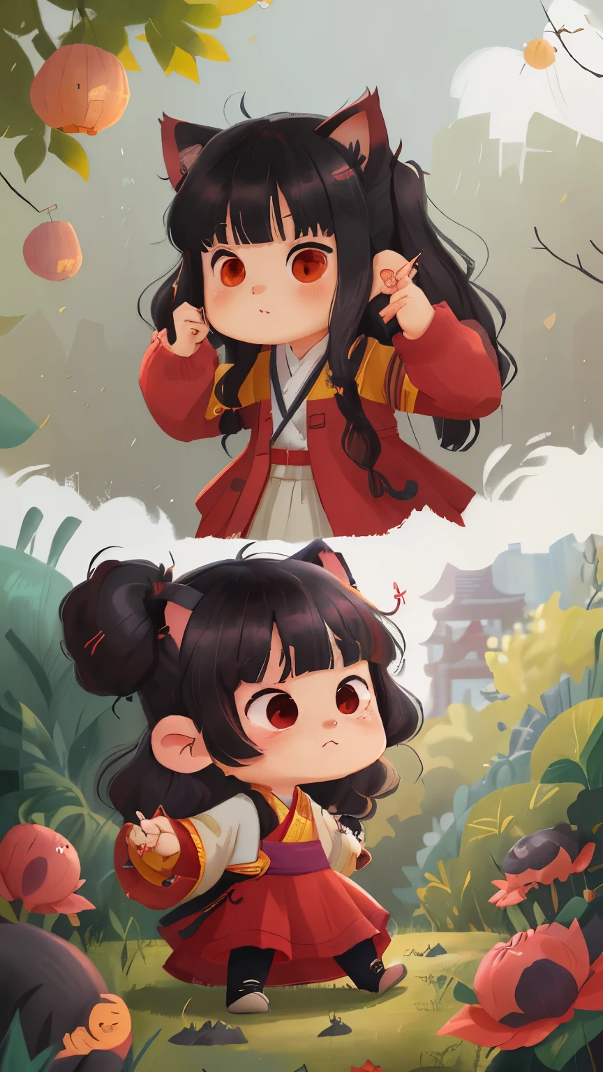 ,((long hair slightly wavy slightly past the shoulders, black bangs, small black pigtails on the sides, cute cat ears, beautiful thin red eyes,)), There is an Asian woman posing for a photo., Metalentes de superficie，Manos en la barbilla，vestido de azul，8k selfie photography, con cara redonda, korean young and lovely faces, pale korean adorable face, Young cute pale asian face, retrato suave 8 k, ulzzangs, muchacha coreana, cara redonda completa, pale round face, maquillaje coreano popular, chen xintong, rasgos de la cara coreana