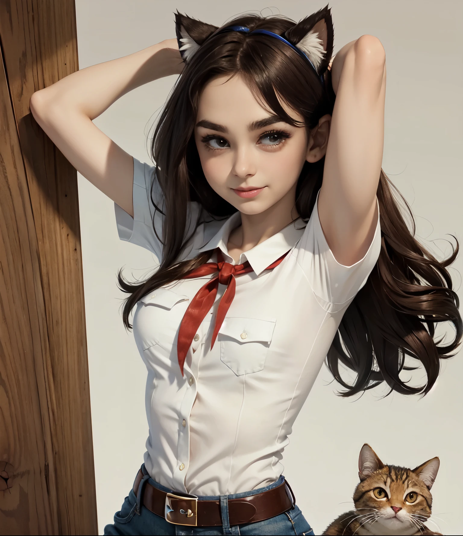 very young slim fit girl, at full height, rounded face, very long disheveled dark brown hair, big brown eyes, shy smile, accurate eyebrows, perfect flat breast, band on head with fake cat ears, parororo, pioneer neckerchief, blue thight microskirt, bangs, shirt, collarbone, white shirt, short sleeves, collared shirt, belt, eyelashes, red neckerchief, breast pocket, ahud