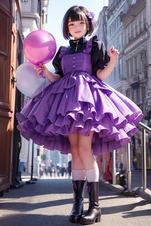 balloon seller girl, a 11 years old girls, (((she is having a  purple balloon))) , real photo, (((full body))), (looking down at me),  bob hair, big ribbon on he hair, (apron, leather dress, boots), 