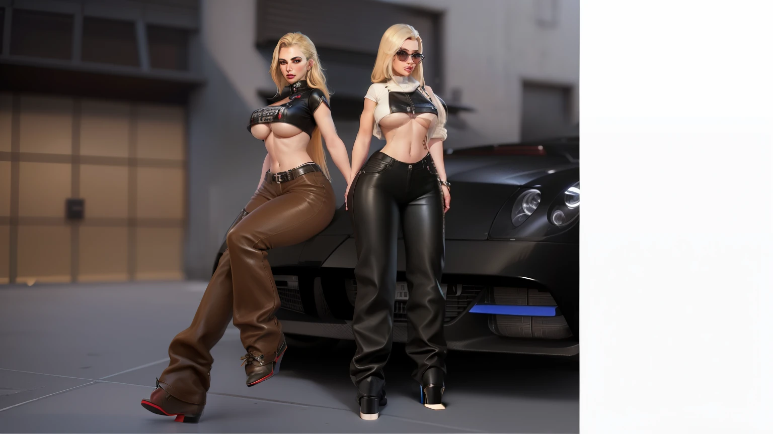 (masterpiece), (best quality), (ultra-detailed), ((masterpiece)) ((best quality)) ((ultra-detailed)) two women in leather pants and high heels standing next to a car, imvu, second life avatar, gta 6 style, secondlife, fashion gameplay screenshot, inspired by Wang Duo, grand theft auto style, no hood | | realistic shaded, leather pants, next gen, street clothes, mechanic punk outfit, in clothes! highly detailed, gta style, screenshot