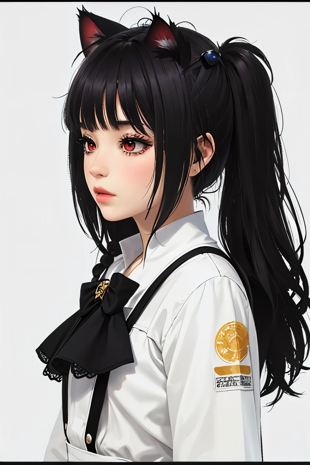 (obra maestra, Mejor calidad),,((long hair slightly wavy slightly past the shoulders, black bangs, small black pigtails on the sides, cute cat ears, beautiful thin red eyes,)), Fondo de pantalla 8k, muy detallado, poster, antiguo science fiction, 1960s, sexy female space thriller cinematic movie poster, Bauhaus, formas, lines, abstracto, propaganda, mediados de siglo moderno, movie poster, antiguo,