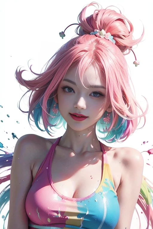 pink hair, sidelocks, hairclip, multicolored eyes, grin, clover hair ornament, ray tracing, anaglyph, anime, perspective, tachi-e, Ultra-Wide Angle, anatomically correct, UHD, best quality, highres, Masterpiece masterpiece, best quality, High resolution), White background, ((Paint splashes, color splash, splash ink, color splash)), sweet chinese girl, rainbow hair, pink lips, front, Upper body