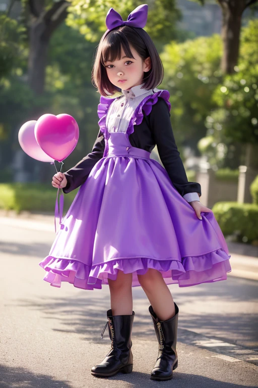 balloon seller girl, a 11 years old girls, (((she is having a  purple balloon))) , real photo, (((full body))), (looking down at me),  bob hair, big ribbon on he hair, (apron, leather dress, boots), 