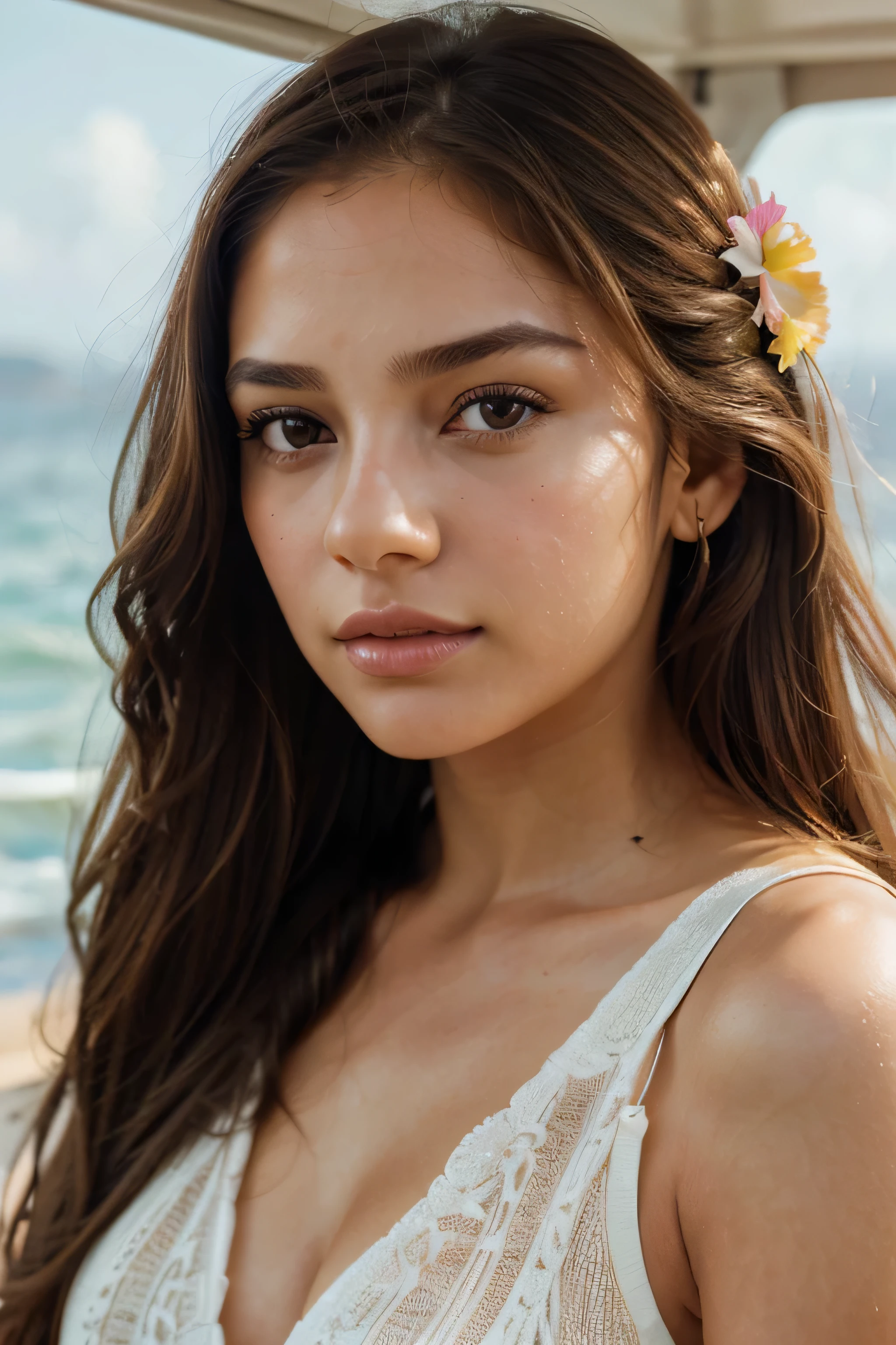 (best quality,ultra-detailed,photorealistic),young woman,beautiful brown eyes,detailed lips,pensive expression,soft lighting,vibrant colors,smooth skin,long flowing brown hair,stylish outfit,sea background,colorful flowers,natural sunlight,serene atmosphere