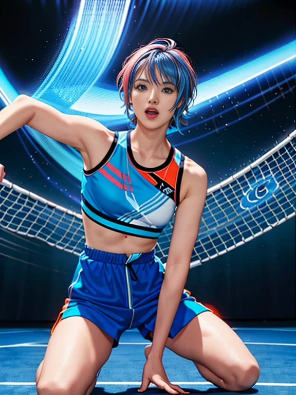 (blue,punk,sci-fi:1.1),Gwendolin Tennisen with short orange hair flowing to the side, blue hairclip, laughter, blue body armor, Augmented reality tennis court, floating holographic tennis racket, vibrant stadium lights, neon pink backdrop, energetic movement, intense focus, futuristic Audrey Hepburn vibes, dynamic poses, powerful serves, electrifying atmosphere, holographic spectators, adrenaline-fueled match, immersive gaming experience